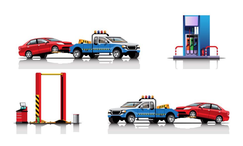Towing Car Trucking Auto Transport At Oil Station Vector Illust