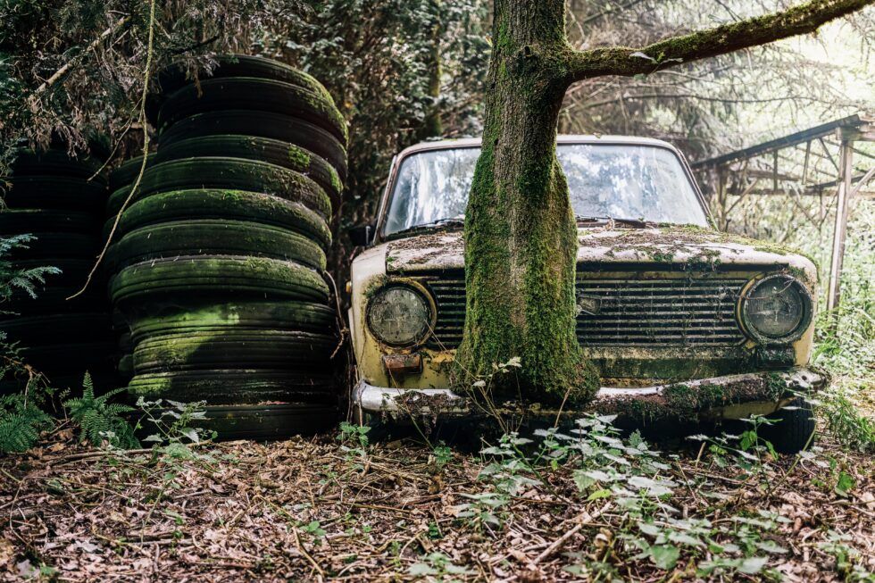 Picture Of A Derelict And Abandoned Car In A Forest Under Sunlight In Belgium